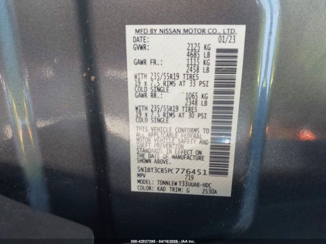 5N1BT3CB5PC776451 Nissan Rogue Sl Intelligent Awd