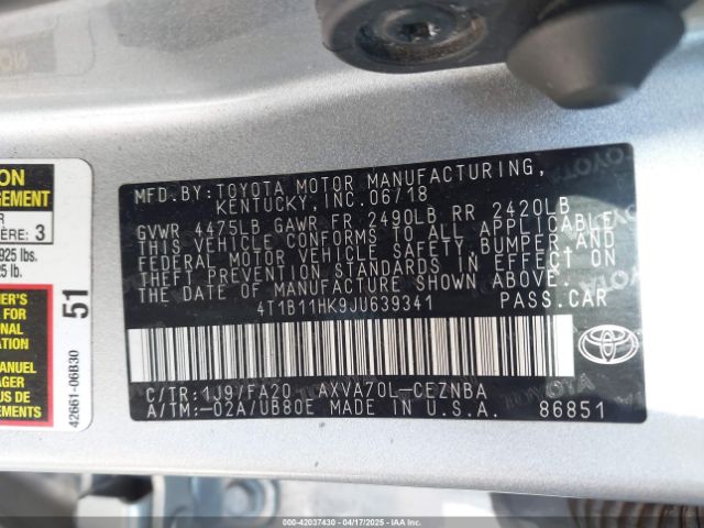 4T1B11HK9JU639341 Toyota CAMRY LE