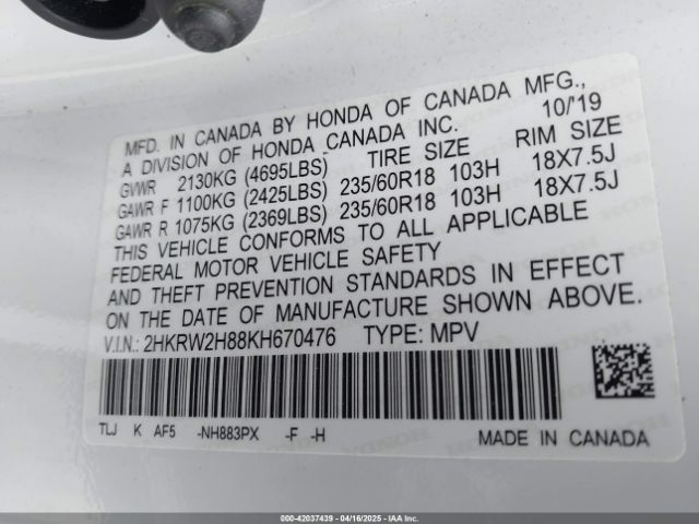 2HKRW2H88KH670476 Honda Cr-v Ex-l