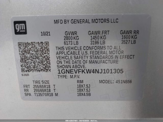 1GNEVFKW4NJ101305 Chevrolet Traverse Awd Ls