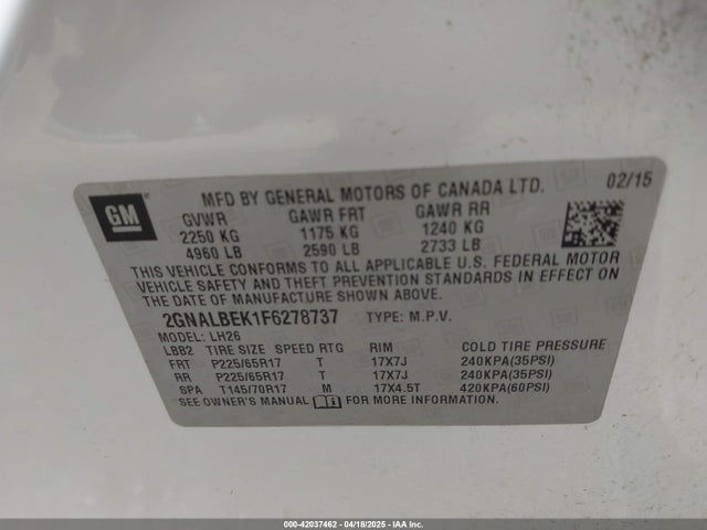 2GNALBEK1F6278737 Chevrolet lea - flex fuel (gas/alc), aluminum, ho,
