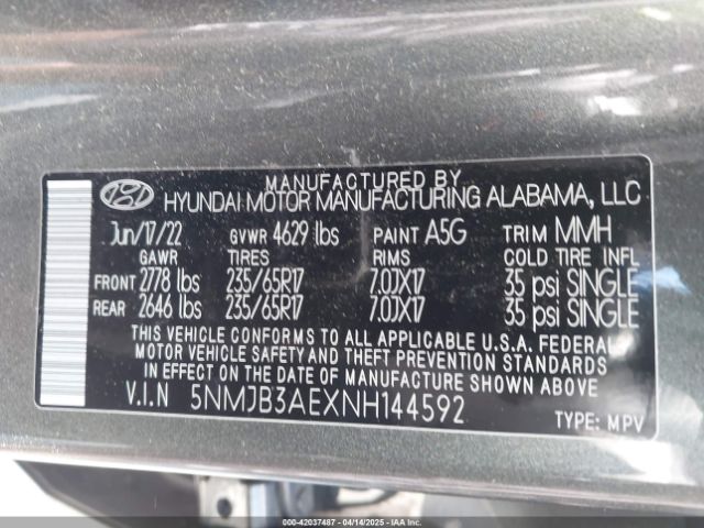 5NMJB3AEXNH144592 Hyundai TUCSON SEL