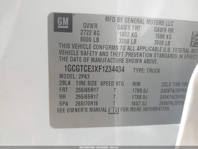 1GCGTCE3XF1234434 Chevrolet lfx - sidi, vvt, e85 max, alum