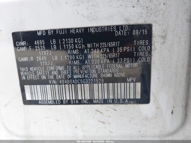 4S4BSADC5G3221529 Subaru Outback 2.5i Premium