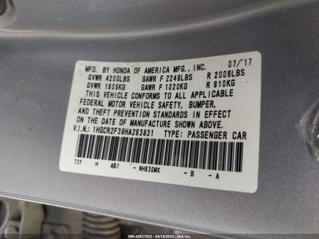 1HGCR2F38HA263831 Honda k24w1