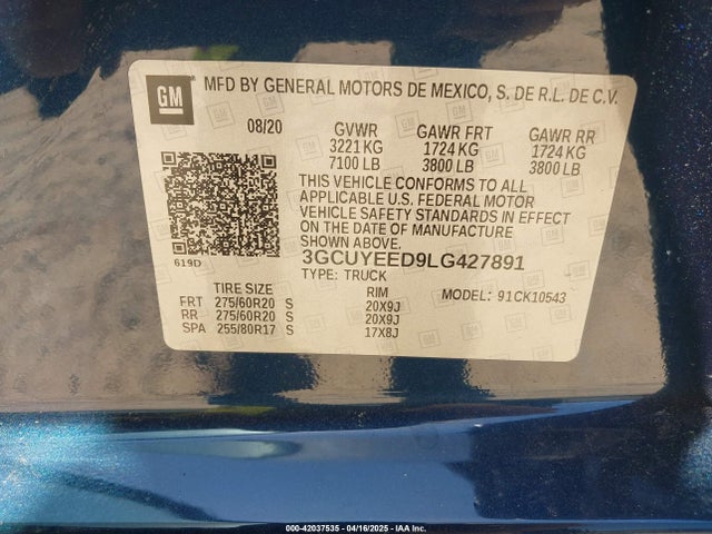 3GCUYEED9LG427891 Chevrolet Silverado 1500 4wd  Short Bed Rst