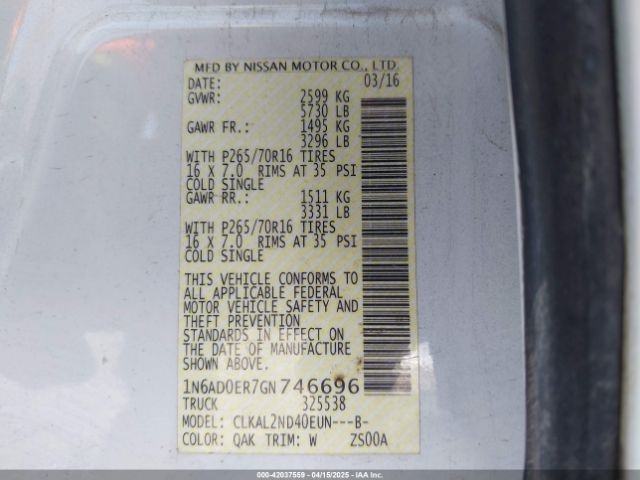 1N6AD0ER7GN746696 Nissan Frontier Sv