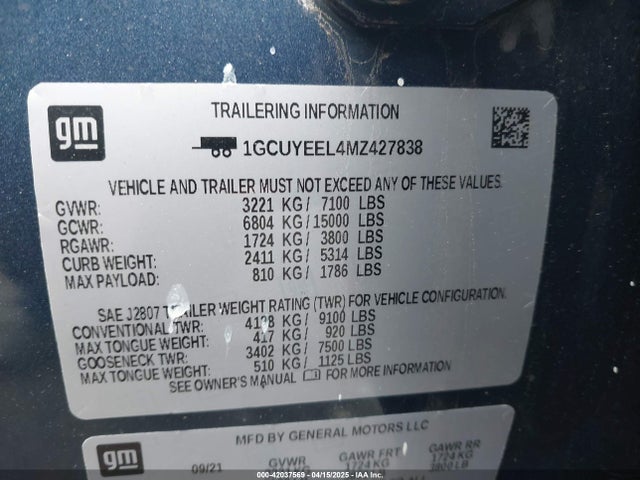 1GCUYEEL4MZ427838 Chevrolet l87