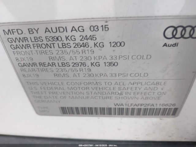 WA1LFAFP2FA116626 Audi Q5 2.0t Premium