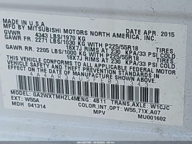 4A4AR3AU5FE031343 Mitsubishi Outlander Sport Es