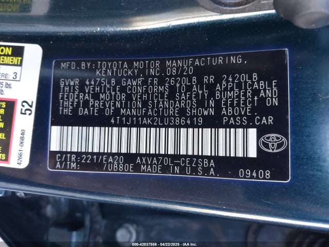 4T1J11AK2LU386419 Toyota CAMRY SE