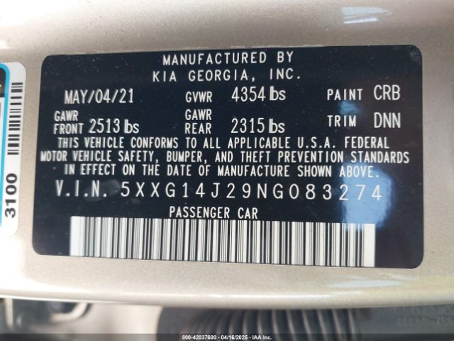 5XXG14J29NG083274 KIA K5 LXS