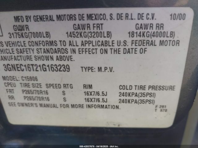 2001 CHEVROLET SUBURBAN 1500 3GNEC16T21G163239 Photo 8