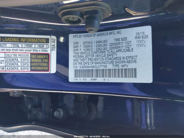 5J6RM4H48GL077759 Honda CR-V SE