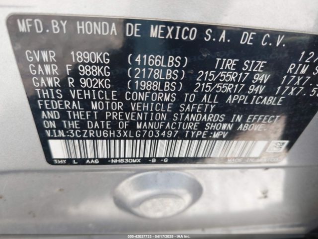 3CZRU6H3XLG703497 Honda Hr-v Awd Lx
