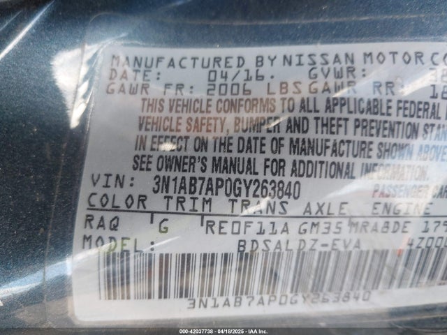3N1AB7AP0GY263840 Nissan 2016
