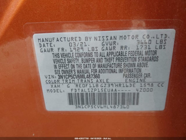 3N1CP5CV6ML487360 Nissan Kicks Sv Xtronic Cvt
