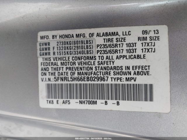 5FNRL5H66EB029967 Honda Odyssey Ex-l