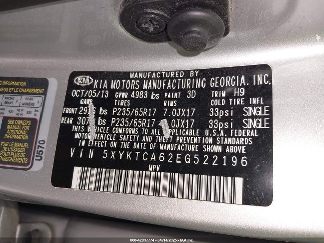 5XYKTCA62EG522196 KIA SORENTO LX