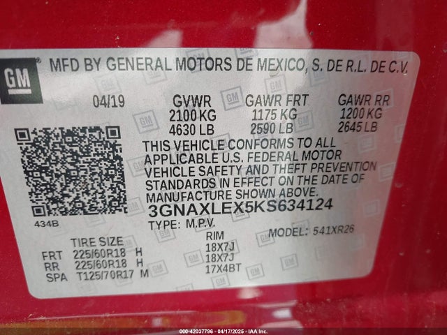 3GNAXLEX5KS634124 Chevrolet EQUINOX LT