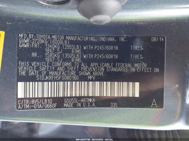 5TDJKRFH5FS080160 Toyota Highlander Xle V6