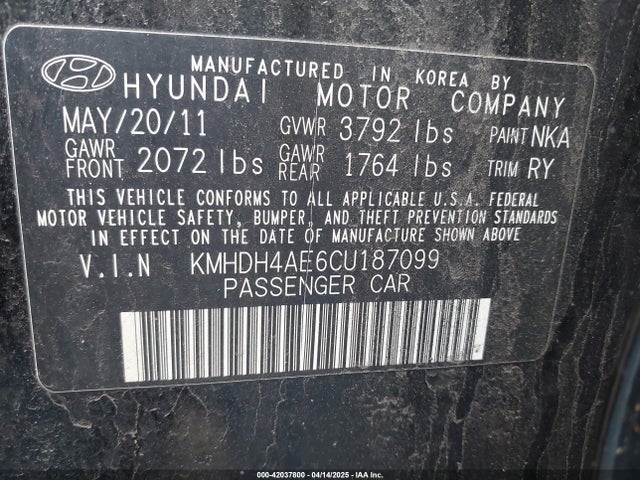 42037800 :رقم المزاد ، KMHDH4AE6CU187099 vin ، 2012 Hyundai Elantra Limited (ulsan Plant) مزاد بيع