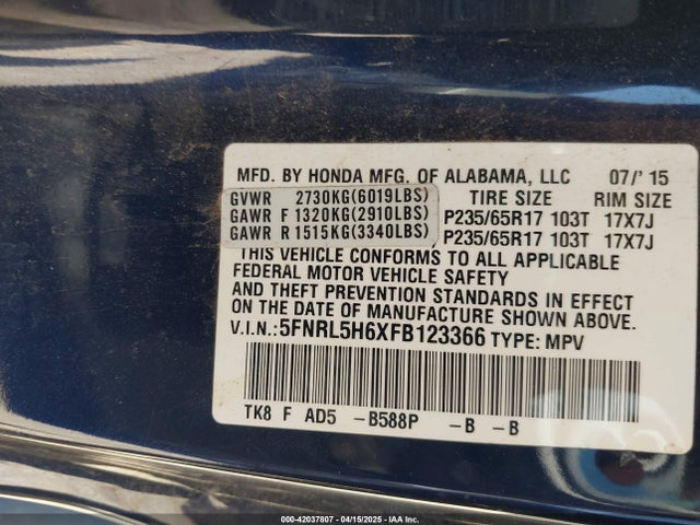 5FNRL5H6XFB123366 Honda Odyssey Ex-l
