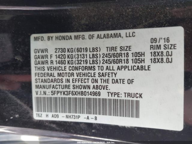 5FPYK3F6XHB014969 Honda Ridgeline Rtl-t