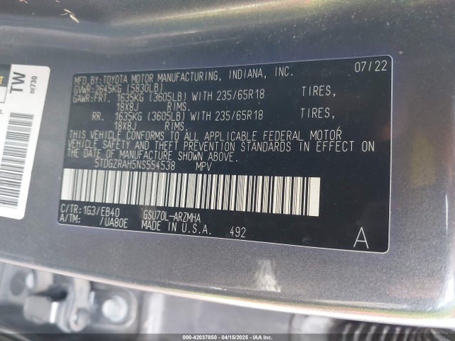 5TDGZRAH5NS554538 Toyota Highlander Xle