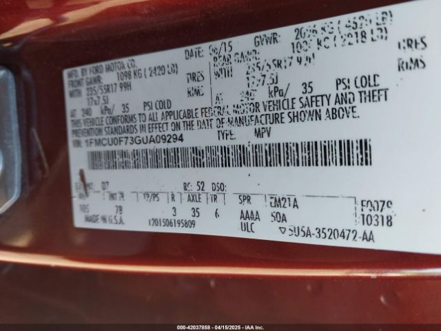 1FMCU0F73GUA09294 Ford ESCAPE S