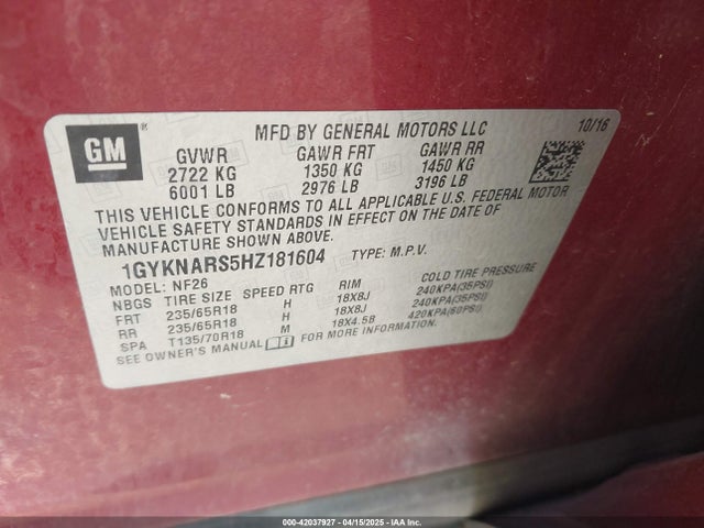 2017 CADILLAC XT5 1GYKNARS5HZ181604 Photo 8