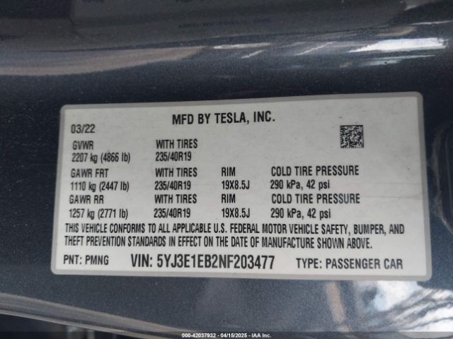 5YJ3E1EB2NF203477 Tesla Model 3 Long Range Dual Motor All-wheel Drive