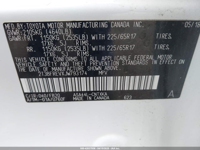 2T3BFREVXJW793174 Toyota RAV4 LE