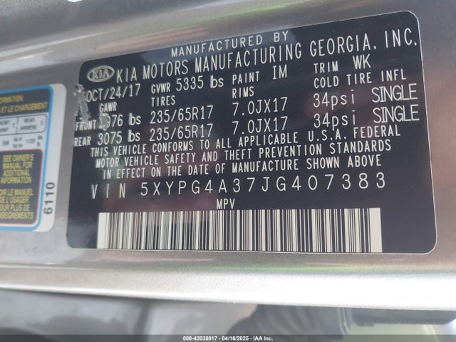 5XYPG4A37JG407383 KIA Sorento 2.4l Lx
