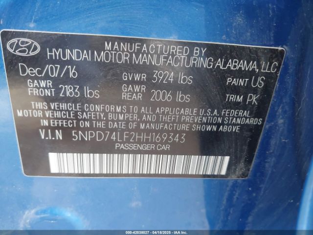 5NPD74LF2HH169343 Hyundai ELANTRA SE