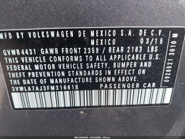 3VWLA7AJ3FM316618 Volkswagen Jetta 2.0l Tdi Se