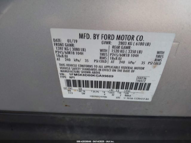 1FM5K8D80KGA99889 Ford EXPLORER XLT