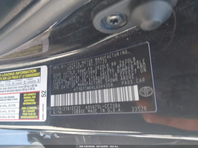 4T1G11AK4LU344358 Toyota Camry Se Nightshade Edition