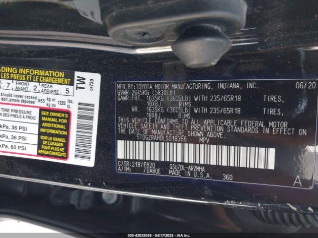 5TDGZRAH0LS018366 Toyota Highlander Xle