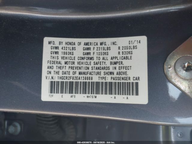 1HGCR2F82EA138668 Honda Accord Ex-l