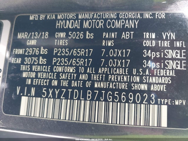 42038083 :رقم المزاد ، 5XYZTDLB7JG569023 vin ، 2018 Hyundai Santa Fe Sport 2.4l مزاد بيع