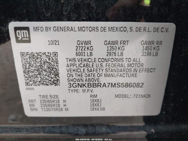 3GNKBBRA7MS586082 Chevrolet Blazer Fwd 1lt