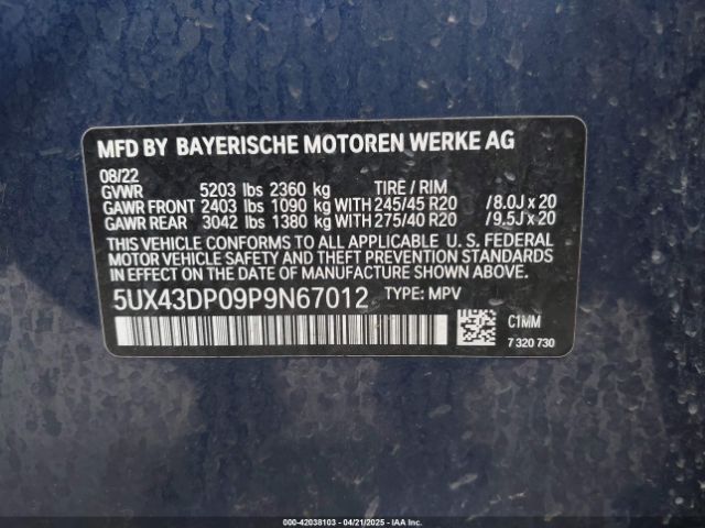 5UX43DP09P9N67012 BMW X3 Sdrive30i