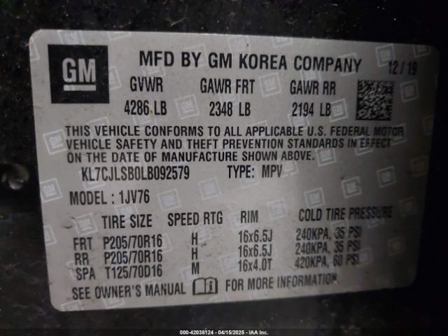 KL7CJLSB0LB092579 Chevrolet Trax Fwd Lt