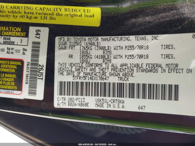 5TFRY5F14EX170647 Toyota Tundra Sr5 5.7l V8