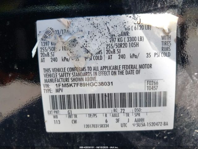1FM5K7F89HGC38031 Ford 3.5l ti-vct