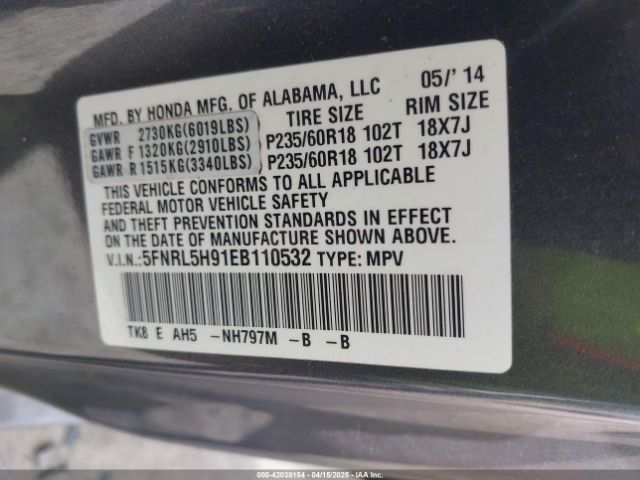 5FNRL5H91EB110532 Honda Odyssey Touring/touring Elite