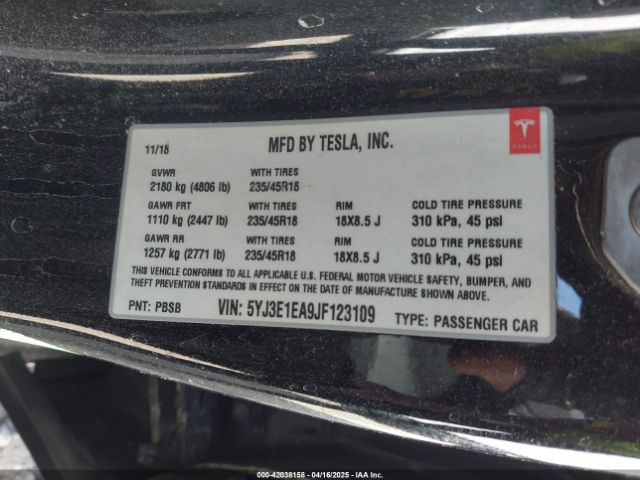 5YJ3E1EA9JF123109 Tesla Model 3 Long Range/mid Range