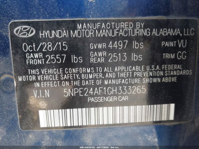 5NPE24AF1GH333265 Hyundai SONATA SE