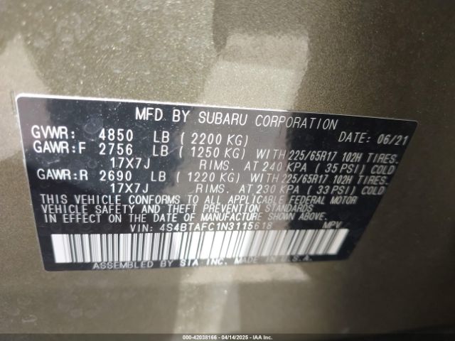 4S4BTAFC1N3115618 Subaru Outback Premium